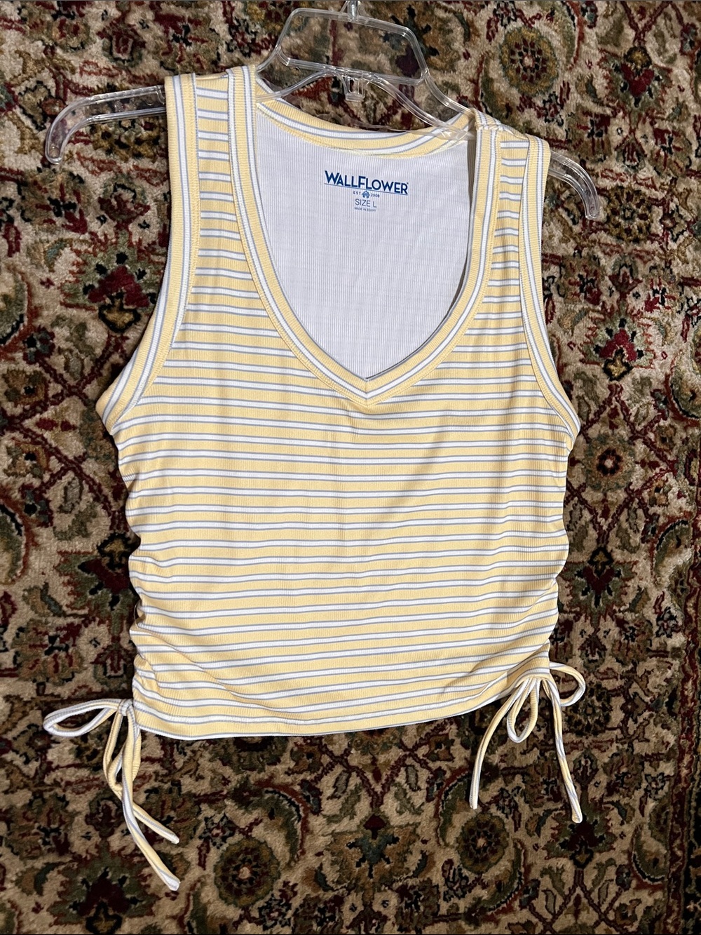 Wallflower Yellow Striped V-Neck Tank Top with Rouched Sides and Ties Large